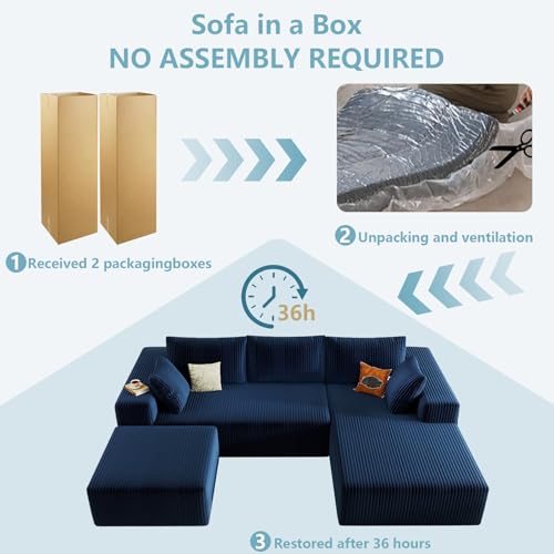 Image of 96 inch Boneless Cloud Sectional Couch Modular Sofa with Ottoman | Modern U-Shaped Couches, Comfy Corduroy Memory Foam Sofas with Oversized Chaise for Living Room (Blue,Right-Facing Chaise)