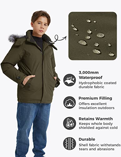 Wantdo Boys' Warm Thicken Winter Coats Waterproof Quilted Down Puffer Jacket With Hood Army Green 8 #TOP4