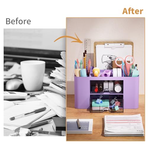 Image of Marbrasse Pen Organizer with 2 Drawer, Multi-Functional Pencil Holder for Desk, Desk Organizers and Accessories with 5 Compartments + Drawer for Office Art Supplies (Purple)