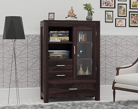 Wood Book Shelf for Home Library || Wooden Book Shelf Cabinet with Glass Door Drawer Storage || Home Furniture || Kitchen Cabinet Crockery Unit, Bookcase,Walnut Finish-image-49