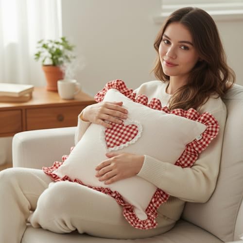 Image of Sleepy Threads Cotton Cushion Cover 16 Inches x 16 Inches, Checkered Frilled Border with Cute Red Heart Decorative and Soft Sofa Cushion Cover for Living Room, Bedroom, Couch and Home Decor