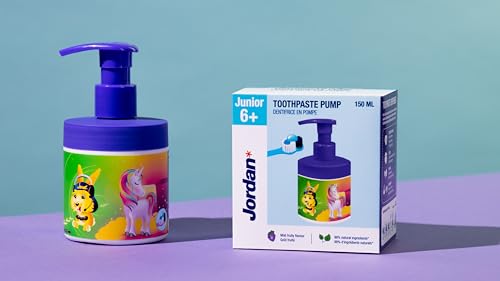 Jordan ® | Junior Zahnpasta-Pumpe | Zahnpasta auf einer Pumpspender, die der Menge von 3 regulären Tuben entspricht | Innovative und bequeme Lösung | 6-12 Jahre | 1450 ppm | Traube | 150 ml – Bild 7