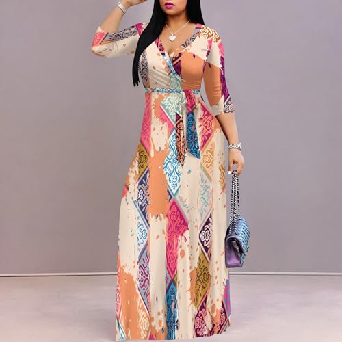 Image of PinkPatty Women's Print Maxi Dresses 3 /4 Sleeve Flowy Long Dress V Neck Wrap Tie Waist Sundress