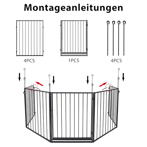 QEENTOE Kaminschutzgitter Metall Ofenschutzgitter Türschutzgitter Baby Kinder Kaminschutzgitter Sicherheitsbarriere Für Kamine und Öfen Inkl.5 Elemente Schwarz 305x 76CM