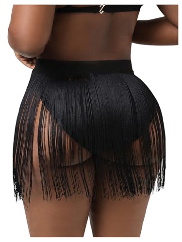 WDIRARA Women's Plus Size Fringe Cover Ups Mini Beach Skirts Tassel High Waisted Swimsuit Coverup