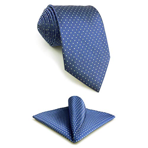 S&W SHLAX&WING Silk Ties for Men Necktie and Hanky Set Slate Blue Dot Classic Size 57.5" with Pocket Square