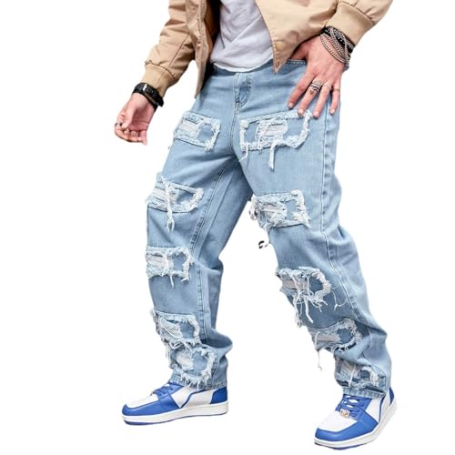 Stacked Jeans Men Baggy Ripped Straight Leg Destroyed Denim Pants with Pockets Casual Trousers Hip Hop Streetwear