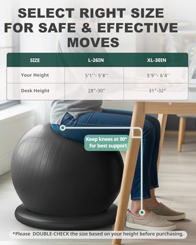 Trideer Exercise Ball for Office Desk, Yoga Ball Chair to Relieve Back Pain, Stability & Fitness Ball Seat with Base, Home Gym Core Workout, Abs, Stretching & Therapy - Thumbnail 6
