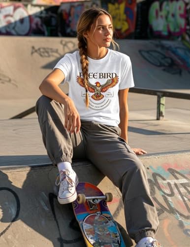 LETSEE Short Sleeve Shirts for Women Free Bird Vintage Rock Graphic Tees Casual Crewneck Tops Summer Rock Tee White - image 6