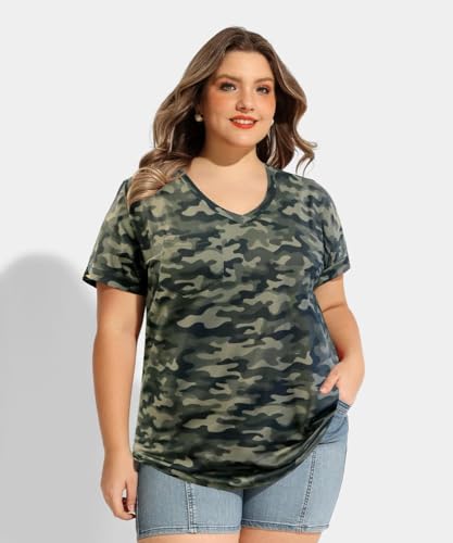 Image of TIYOMI Plus Size Tops for Women V Neck Tshirts Basic Tunic Casual Hawaii Floral Tie Dye Camo Summer Short Sleeve Tee XL-5XL