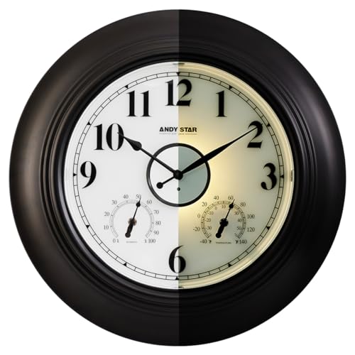 Andy Star 21 Inch Large Illuminated Outdoor Wall Clock Waterproof with Thermometer and Hygrometer, Oversized Battery Wall Clock for Patio Pool, Oil Rubbed Bronze Silent Non Ticking Clock for Garden