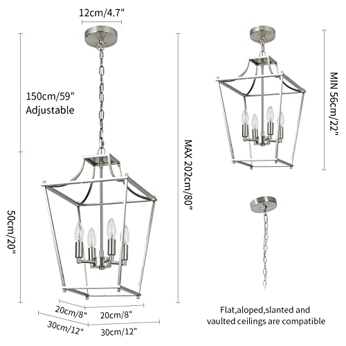 4-Light Lantern Pendant Light, Brushed Nickel Hanging Light Fixtures Chandelier With E12 Bulb Base, 12" Adjustable Farmhouse Chandelier Lighting Fixture For Dining Room Kitchen Foyer #TOP3