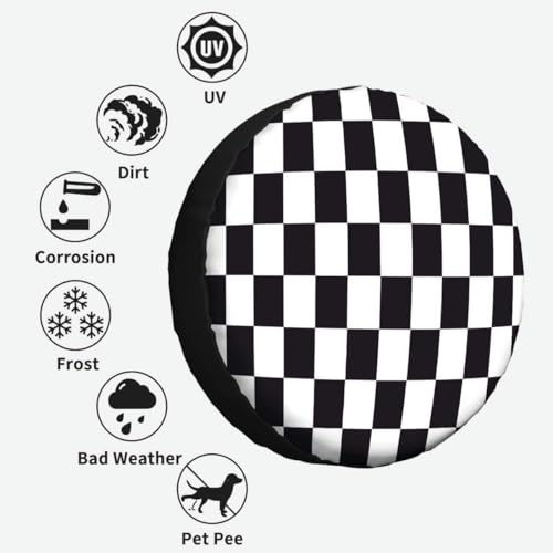 Image of Checkered Racing Flag Spare Tire Cover Black and White Symbolic Design of End of Car Race Polyester Universal Wheel Tire Cover for Trailer Camping Weatherproof for Rv SUV Truck Camper Travel 15 inch
