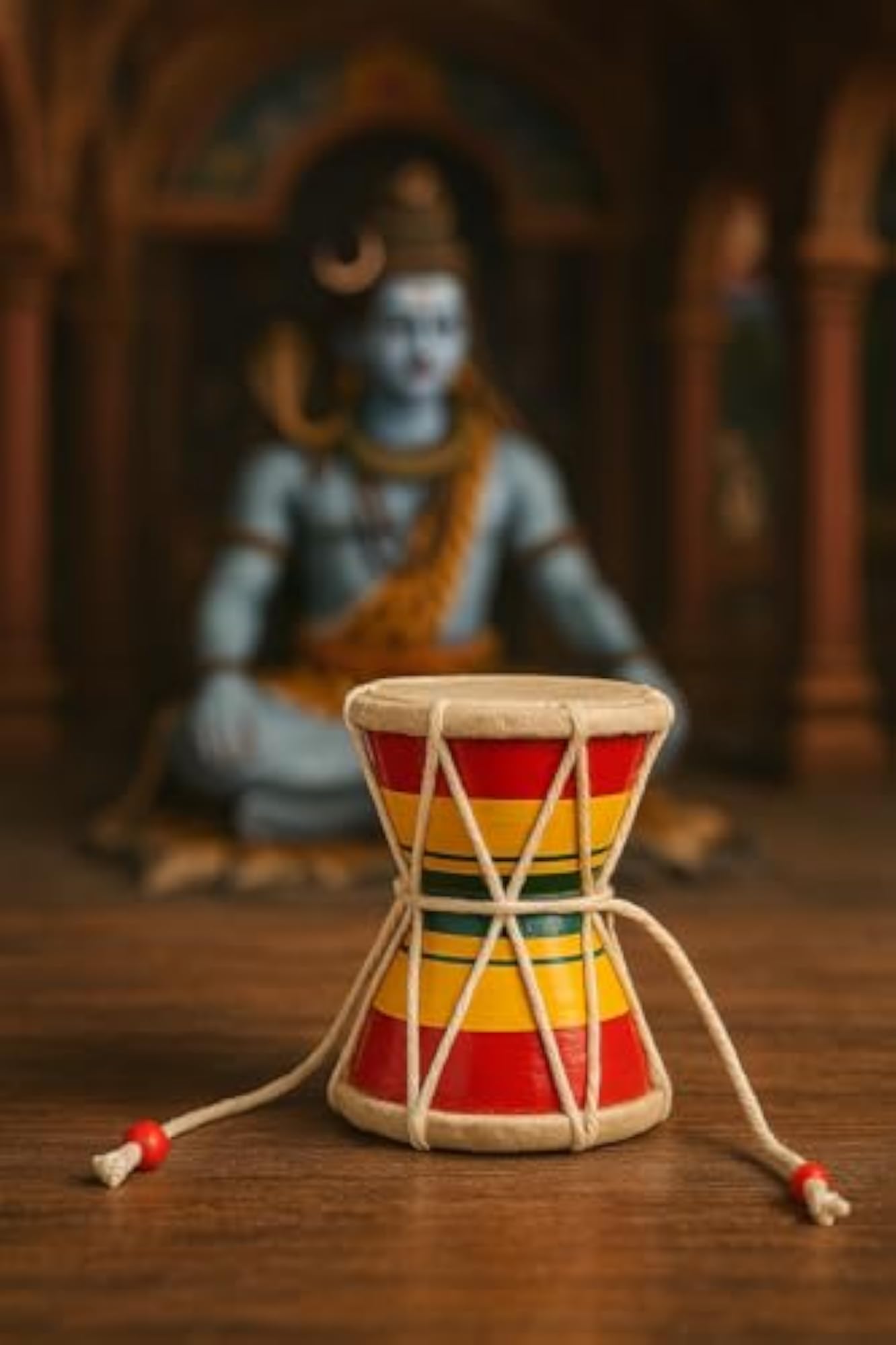 Wooden Shiv Damru for Pooja Ghar, Hand Percussion Instrument