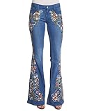 ECDAHICC Women's Chic Floral Embroidered High-Rise Bell Bottom Flare Jeans Broad Feet Long Denim Pants(BE,L)