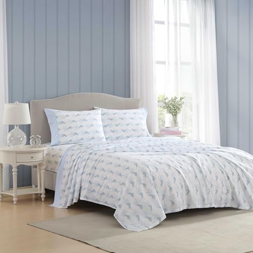 Image of Laura Ashley - Queen Size Sheet Set, Crisp & Lightweight Cotton Percale Bedding with Fitted Sheet and Pillowcases, Floral Room Decor, Deep Pocket, College Dorm Room Essentials (Floral Ribbon Blue)