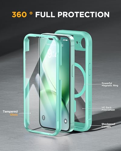 Image of Miracase for iPhone 17e Case & iPhone 16e Case, Full-Body Phone with Built-in Glass Screen Protector, [Magnetic with MagSafe] Military Drop Proof 17 E / 16 E Cover Bumper, Mint Green