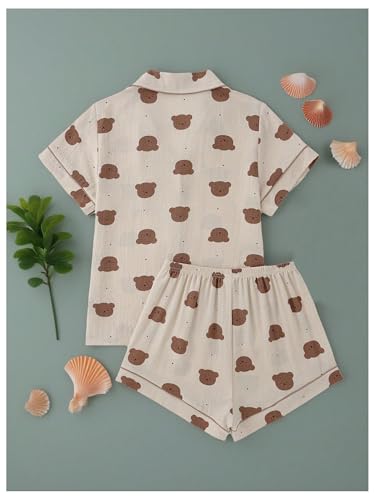Image of BEAUDRM Women's Two Piece Pajama Sets Allover Print Short Sleeve Sleepwear Button Down Shirt and Bow Shorts Pj Set Loungewear
