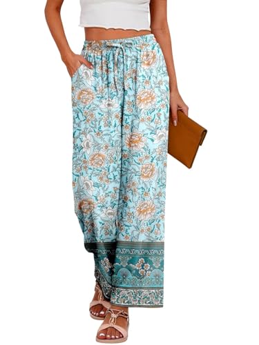 Magritta Wide Leg Lounge Pants with Pockets Palazzo Pants Cyan Yellow XXL