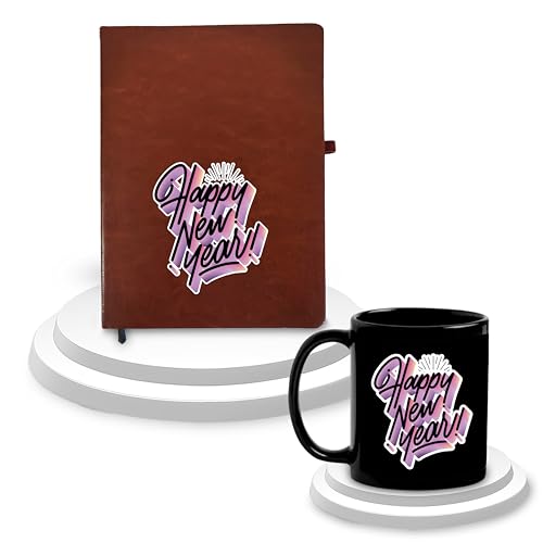Image of SAVRI New Year Gift Hamper - Leather Diary and Black Patch Mug with Happy New Year Quote - Ideal Gifts for Employees, Corporate Use, Men, Women, Teachers, College, and School (Brown)