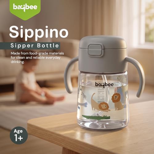 Image of BAYBEE Sipper for Baby with Soft Silicone Straw | Baby Sippy Cup with Anti-Spill Lock Water Bottle with Twin Handles | BPA-Free Tritan Drinking Sipper for Kids for Infants & Toddlers (280ml - Grey)