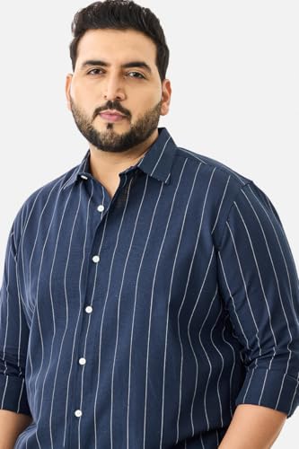 Image of SNITCH Men Casual Plus Size Shirt | Regular Fit Full Sleeve Mandarin Collar Striped Design | Premium Cotton Linen Blend & Breathable Fabric for Office & Everyday Wear