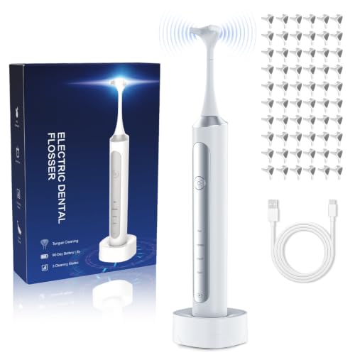 Electric Flosser for Teeth, 4-Speed Rechargeable Power Dental Flosser with 60 Refills Heads & Tongue Cleaner, Portable Water Dental Flosser Alternative, Dentist Approved Gum Oral Care Cleaning Tool