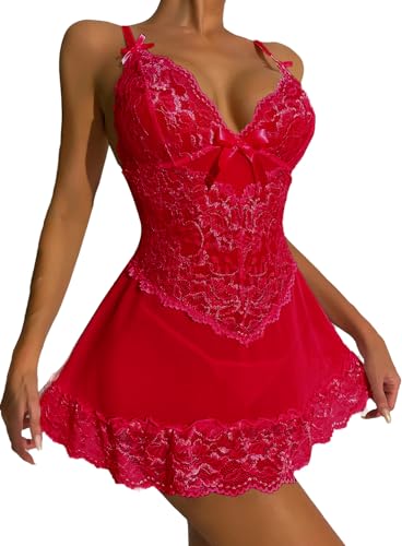 Rayson Conjunto de Ropa Interior Mujer Picardias de Encaje Lencería Sexy Cuello Halter Transparente Moda Abierta Pijamas,Rojo