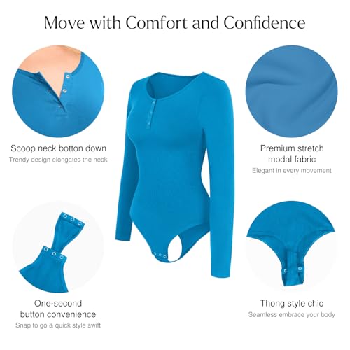 Image of Popilush Long Sleeve Shapewear Bodysuit Tummy Control Henley Button Up Modal Scoop Neck Body Suit Tank Tops
