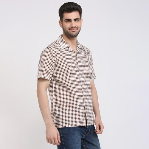 Image of Raymond Men Regular Fit Print Pattern Pure Cotton Hidden Button Down Half Sleeve Casual Shirt