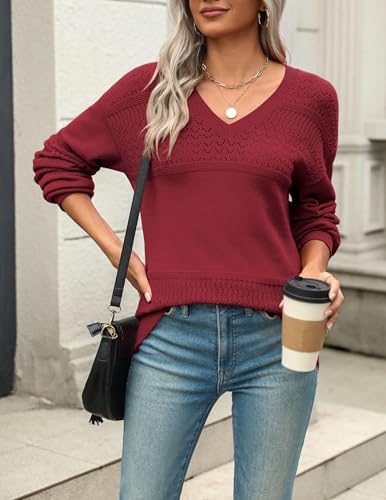 Image of Zeagoo Womens 2026 Fall Sweaters Casual Long Sleeve Ribbed Knit Pullover V Neck Lightweight Crochet Pullover Sweater Top