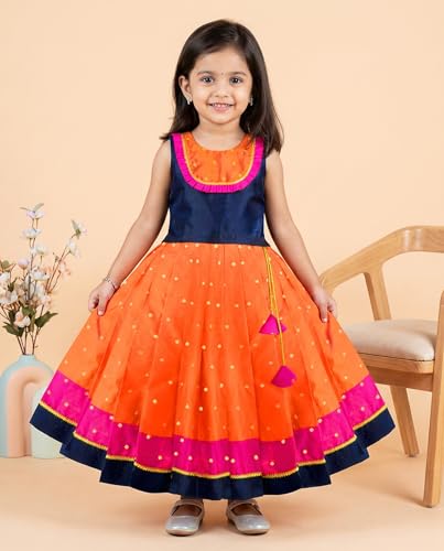 Image of Girls Designer Lehenga Choli Set Orange Rani Pink Readymade Pattu Pavadai Style Traditional Ethnic Dress for Baby Girls Kids Festive Wedding 3Months-8 Years
