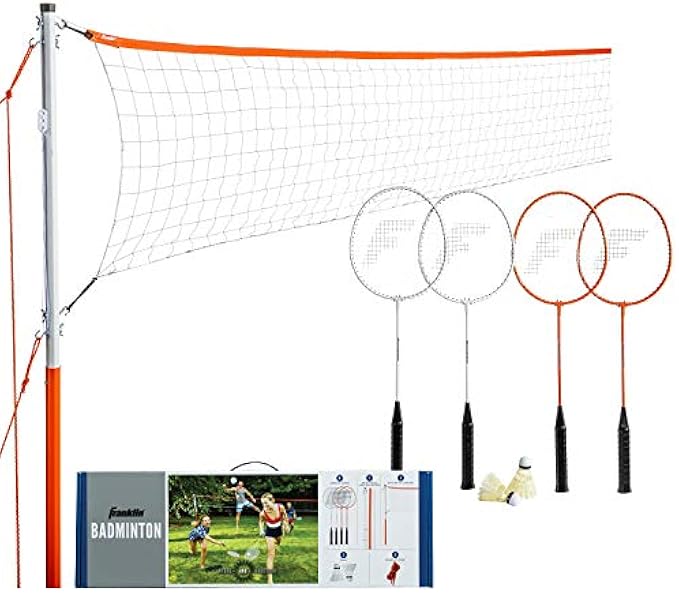 Franklin Sports Badminton Net Sets - Outdoor Backyard + Beach Badminton Net + Equipment Set - (4) Rackets + (2) Birdies + Portable Net Included - Adults + Kids Set