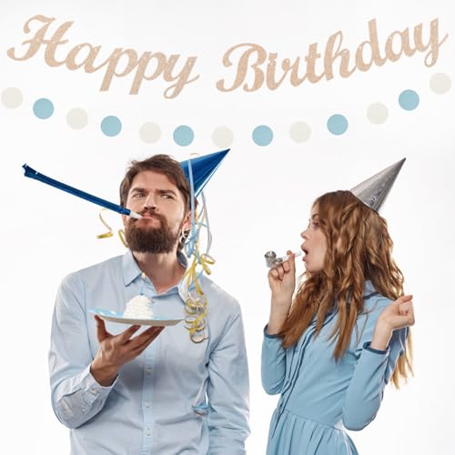 Image of Dusty-Blue White Birthday Party-Decorations Paper-Flowers - 14pcs Happy Banner Boy Lanterns Tissue Pom Poms,Men Streamers Garland Fans Honeycomb,Baby Teen Male Kids Hanging Supplies Decor Hugfond