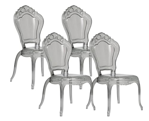 Biscottini Lot de 4 chaises baroques en polycarbonate transparent fumé – Fauteuil effet cristal – Chaises en plastique Louis XV moderne – Chaise élégante pour...