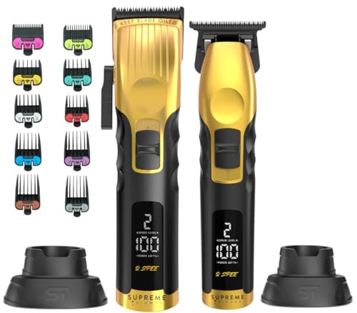 Supreme Trimmer 2-in-1 2Spee Beard Trimmer & Hair Clipper Combo | Removable Blades, 2 Speeds, LCD Display | Cordless Professional Barber Tools - Easy Color Coded Clipper Guide Combs | STB280 (Gold)