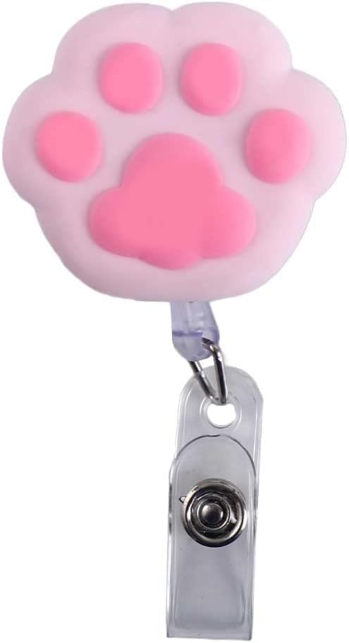 Pink Cat Paw Retractable Badge Reel, Name Card Holder Keys Lanyard, Work Card Clip, Bunny Chest Card ID Card Clips