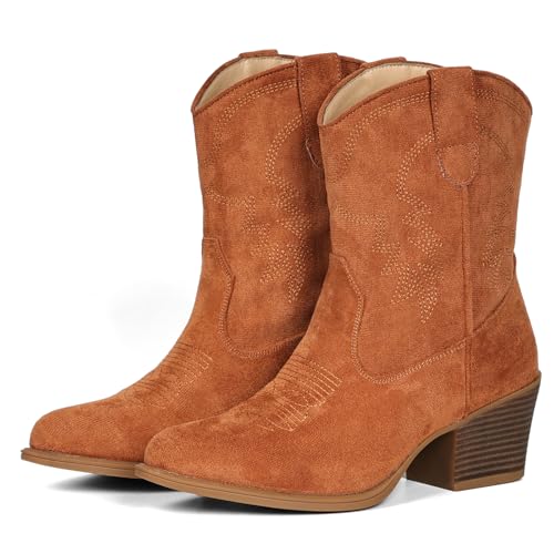 Image of IXU Cowboy Boots for Women Ankle Cowgirl Booties Wide Mid Calf Pointed Toe Western Boots Short Chunky Classic Booties