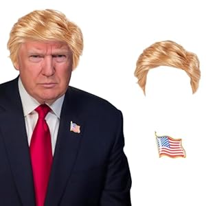 Funny Celebrity Wig Presidential Candidate Political Donald Trump Wig Costume Wig Set,President Wig,Billionaire Wig,Mens Blonde Wig,Including A Flag Pin,Perfect for Halloween