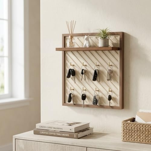 Image of Home Sparkle Wall Mounted Key Holder for Home Entrance with Shelf | Premium MDF Wood Organizer with Paint Finish | Modern Key Hanger Rack with 8 Hooks for Keys & Daily Essentials |Walnut & Ivory White
