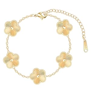 Four Leaf Clover Bracelet for Women 18K Gold Plated Stainless Steel Lucky 4 Leaf Chain Link Adjustable Bracelets Jewelry Gift for Women/White/Black Bracelets (Gold Clover Bracelet/White)