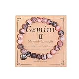 Caiyao Handmade 12 Constellation Natural Pink Zebra Healing Stone Zodiac Stress Relief Adjustable Bracelet with Message Card Friendship Birthday Jewelry for Women-Gemini
