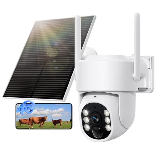 4G LTE Cellular Solar Security Camera Wireless Outdoor, No WiFi Solar Powered Camera, 360° Live View, 2K Color Night Vision, PIR Detection, 2-Way Audio, Motion Alert, Built in SIM Card (White)