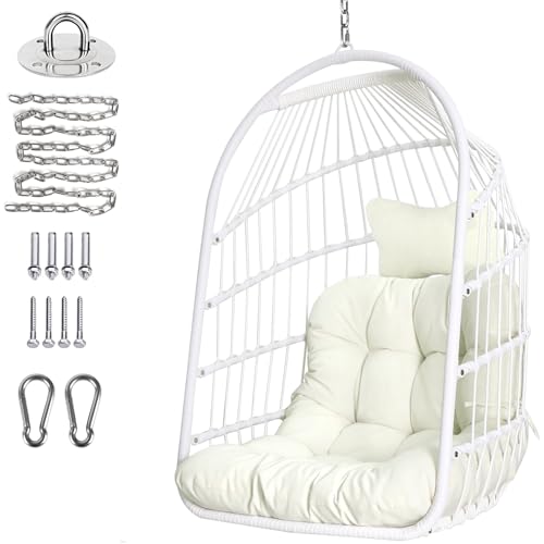 Sedia a Dondolo Pieghevole in Rattan per Interni ed Esterni - Vimini con Kit Appeso in Acciaio Inossidabile, Cuscino Resistente ai Raggi UV - Camera da Letto