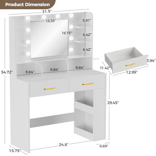 COMHOMA Vanity Desk with Mirror and Light, Small Makeup Vanity with Storage Drawers & Power Outlet, 3 Lighting Modes & Adjustable Brightness, Dressing Table for Women Girls Bedroom, White - Image 3