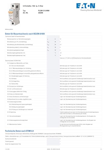 Eaton PLSM-C13-MW Leitungsschutzschalter 13A 1P 1-polig C-Charakteristik LS-Schalter (242204 alt 244732)