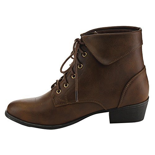 TOP Moda EC89 Women's Foldover Lace Up Low Chunky Heel Ankle Booties (8, Brown)