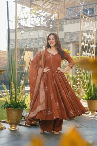 Image of ANNI Designer Women's Viscose Blend Umbrella Style Printed Kurta Palazzo with Dupatta | Elegant Kurta Set for Women | Stylish Palazzos & Dupatta Set | Ethnic Wear for Women