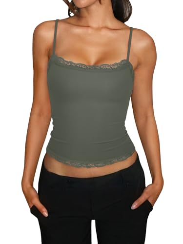 PINKMSTYLE Women's Adjustable Spaghetti Strap Lace Trim Cami Tunic Tank Top Basic Double Lined Sleeveless Tops Gray Green X-Small — view 3