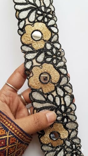 Image of Balar Creation Golden Mirror Work Lace Border Material 2 inch Width 9 Meters - Designer Cutwork Embroidery Gota Patti Silver Zari Trim Stone Laces for Saree, Suits, Blouse, Hijab, Dress, Lehenga & Dupatta (Black)